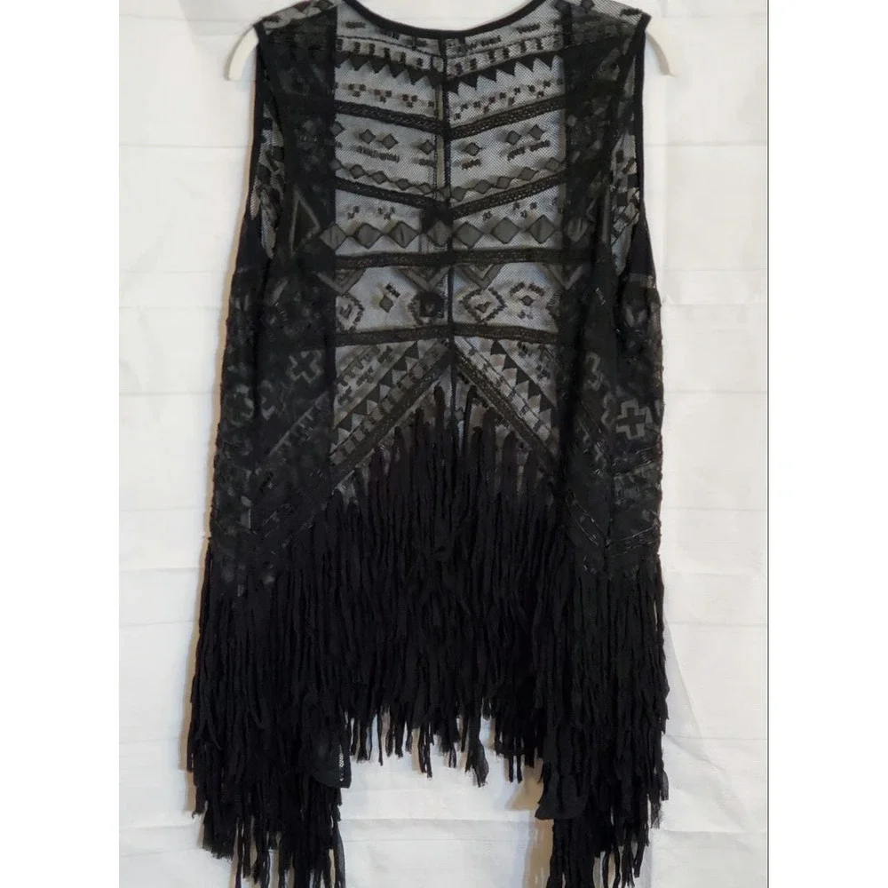 Boho Black Embroidered Womens Fringe Vest Med Y2K Witchy Whimsigoth Western NEW